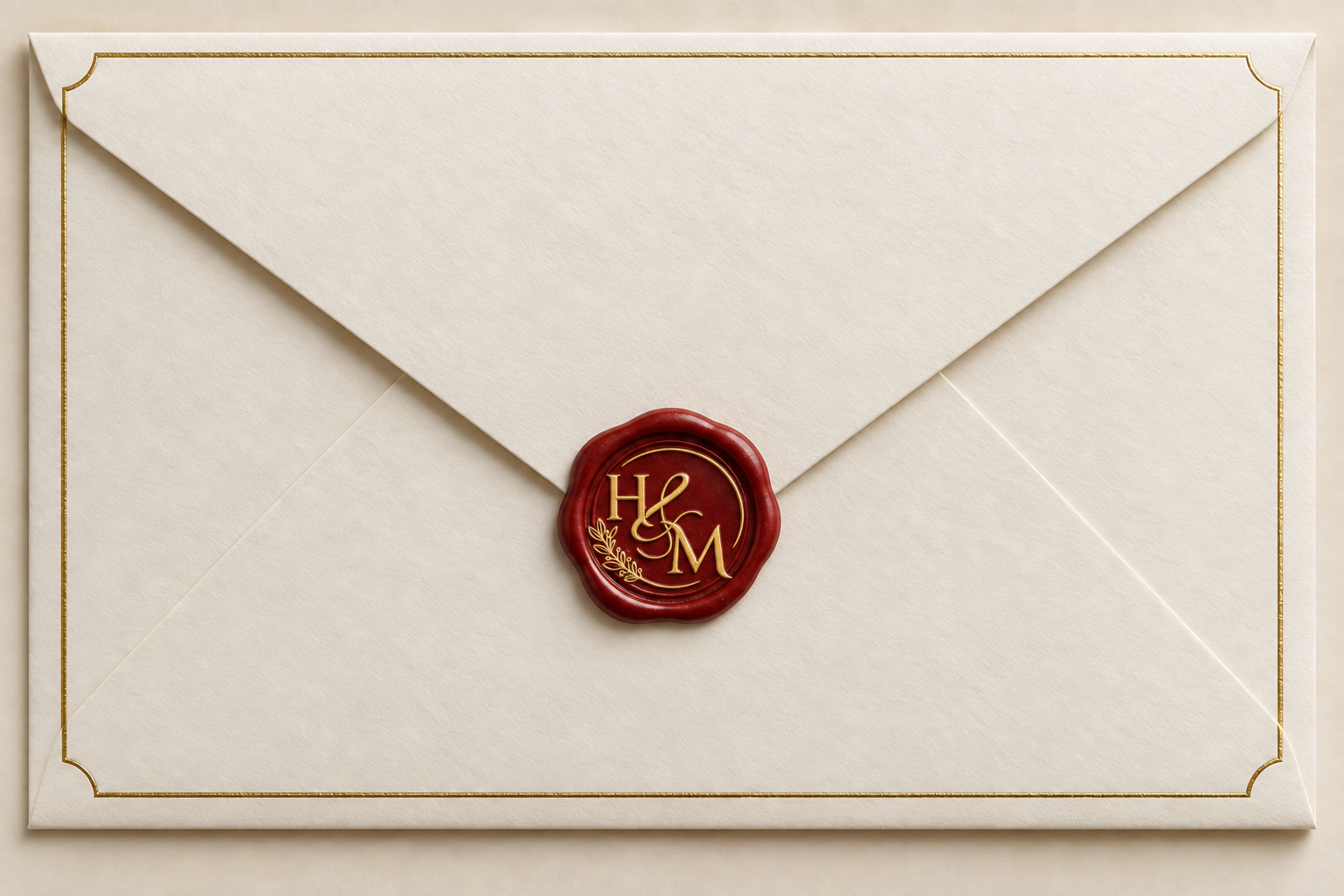 Ivory envelope closed with a red wax seal embossed with Hamdi and Maeesha’s gold monogram
