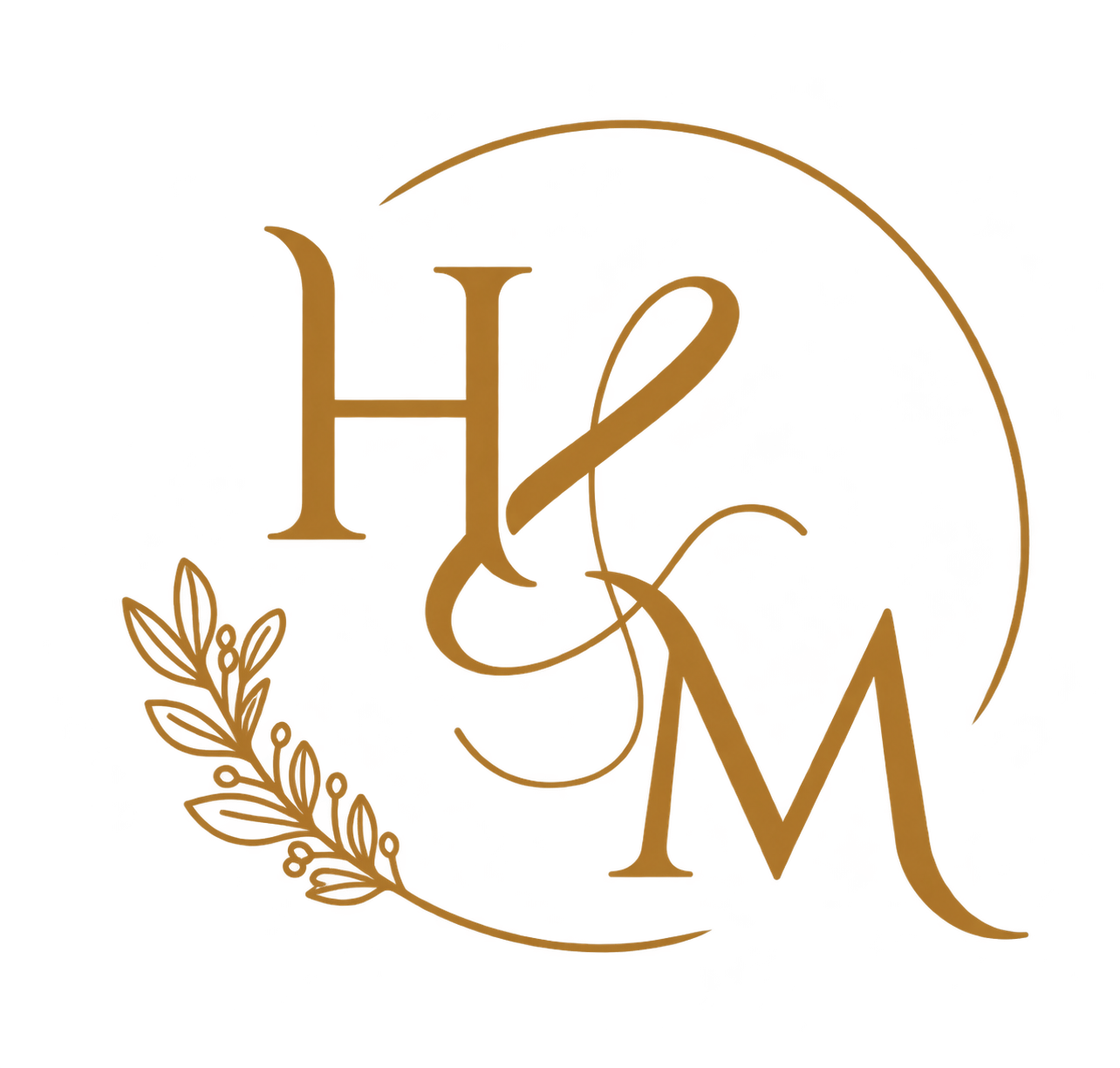 Hamdi and Maeesha initials with ampersand, gold circle and botanical accent